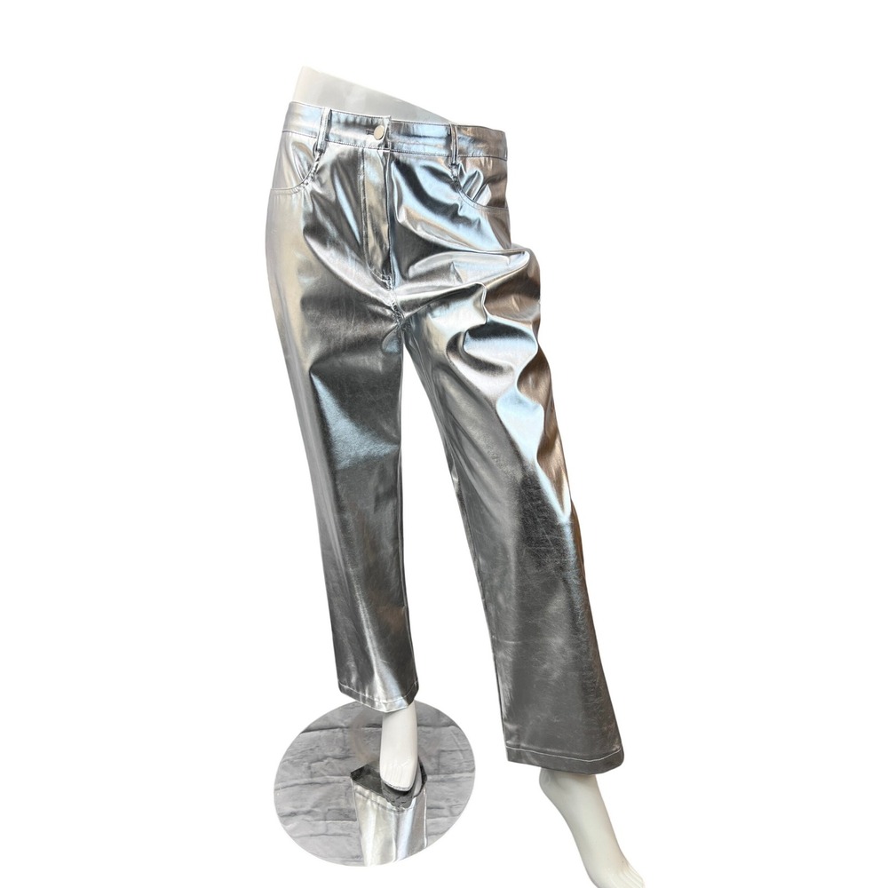 Amy Lynn Pants Women Size M Silver Excellent Metallic‎ Faux Leather Straight Leg